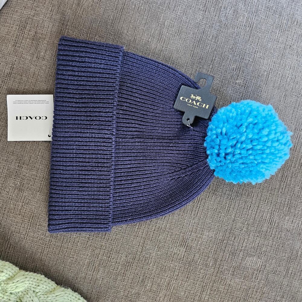Coach Women's Deep Blue Embroidered Script Logo Knit Pompom Beanie Size One Size - Picture 5 of 7